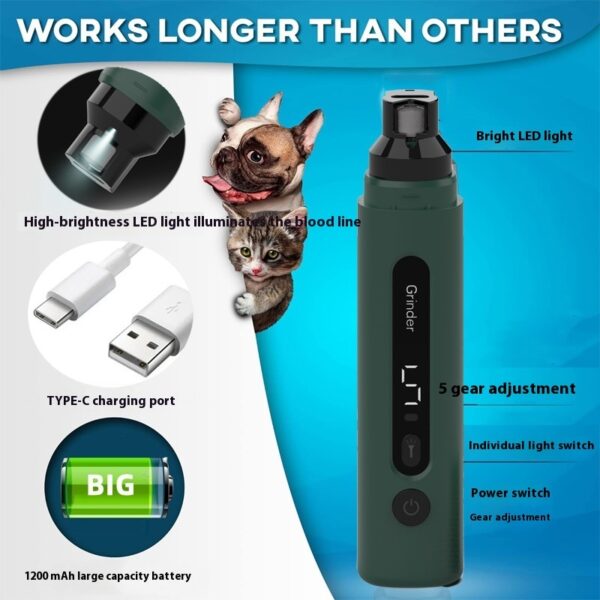 Dog Nail Grinder Electric Pet Nail Trimmers Rechargeable Cat Nail Grinders Super Quiet With 5-Speed Setting For Small Medium Large Dogs Cats Claw Care Pet Products - Image 3