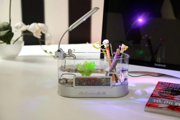 USB Desktop Streaming Mini Aquarium Time Date Week Temperature Alarm Transparent Pen Holder - Image 2