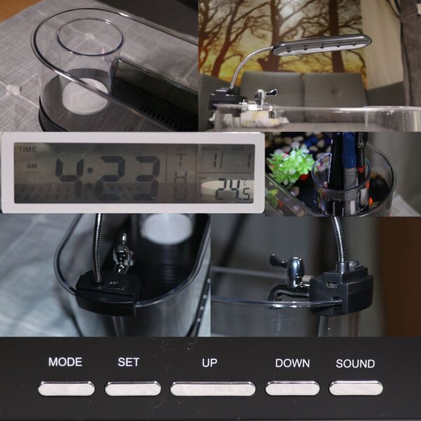 USB Desktop Streaming Mini Aquarium Time Date Week Temperature Alarm Transparent Pen Holder - Image 4